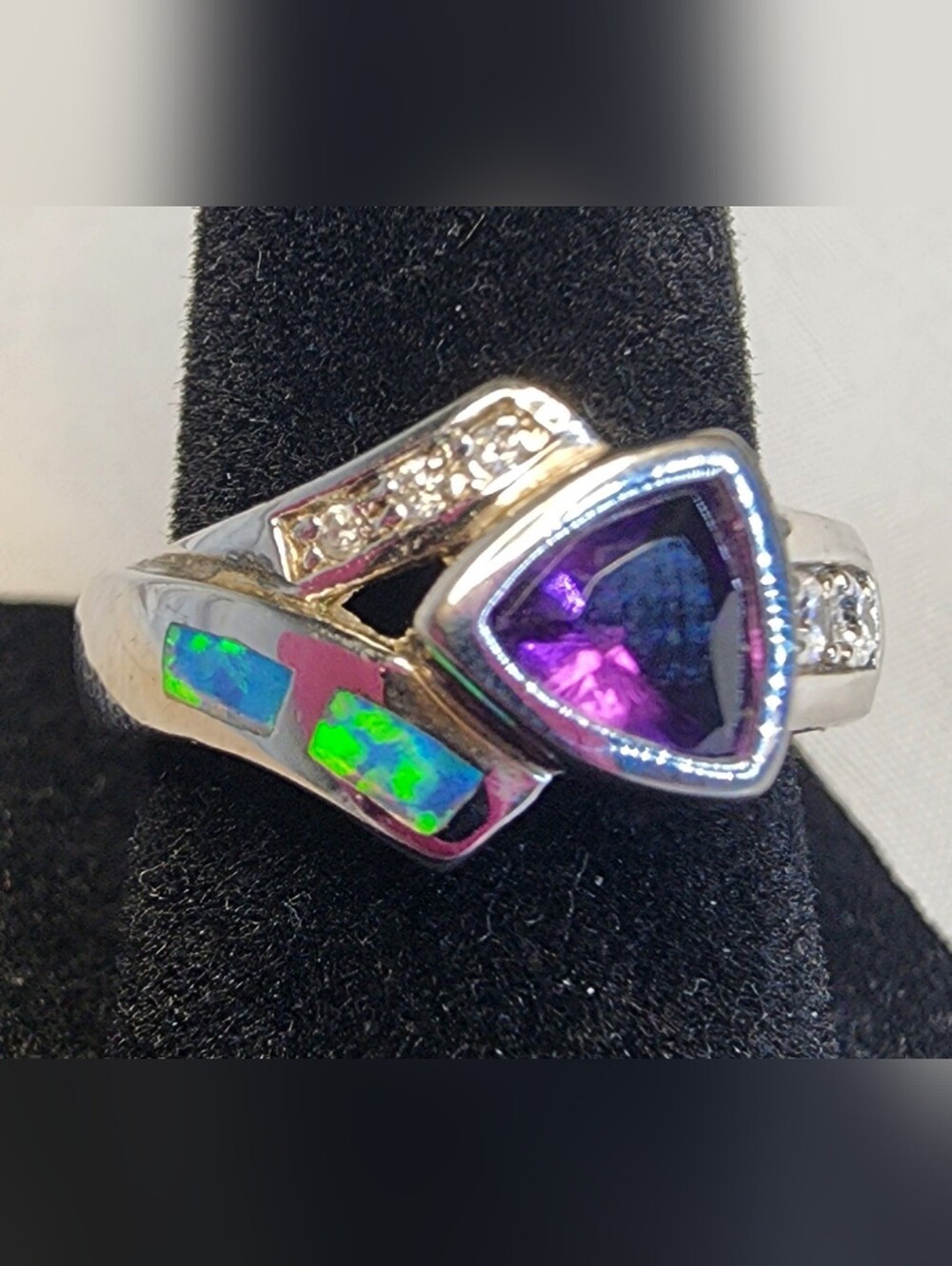 Sterling silver ring, trillion-cut amethyst, inlaid blue opal, and Cz's SZ 6.25